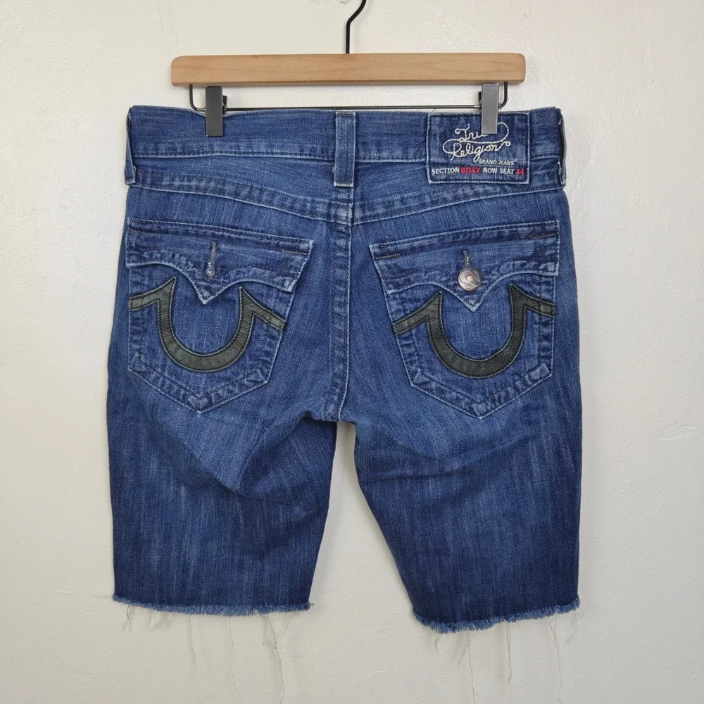 True Religion Billy Mens Shorts 31 Blue Leather Horseshoe Frayed Y2K Streetwear